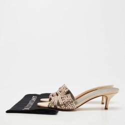 Pre Owned Gina Golden Croc Embossed Leather Crystal Embellished Slides Size 39.5  