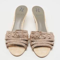 Pre Owned Gina Golden Croc Embossed Leather Crystal Embellished Slides Size 39.5  