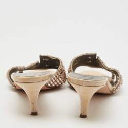 Pre Owned Gina Golden Croc Embossed Leather Crystal Embellished Slides Size 39.5  