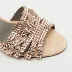 Pre Owned Gina Golden Croc Embossed Leather Crystal Embellished Slides Size 39.5  