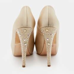 Gina Cream Satin Crystal Embellished Heel Open Toe Platform Pumps Size 36.5