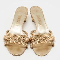 Pre Owned Gina Silver/Gold Leather Crystal Embellished Slide Size 40