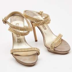 Gina Bronze/Gold Leather Crystal Platform Ankle Strap Sandals Size 40