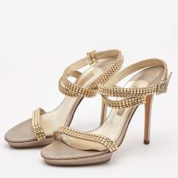 Gina Bronze/Gold Leather Crystal Platform Ankle Strap Sandals Size 40