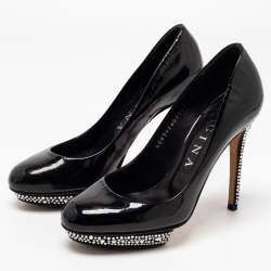 Gina Black Patent Leather Crystal Embellished Heel Platform Pumps Size 37.5