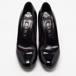 Gina Black Patent Leather Crystal Embellished Heel Platform Pumps Size 37.5
