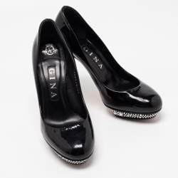 Gina Black Patent Leather Crystal Embellished Heel Platform Pumps Size 37.5