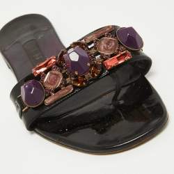 Pre Owned Gina Black Crystal Embellished Patent Leather Thong Flats Size 38.5