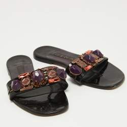Pre Owned Gina Black Crystal Embellished Patent Leather Thong Flats Size 38.5