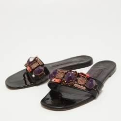 Pre Owned Gina Black Crystal Embellished Patent Leather Thong Flats Size 38.5