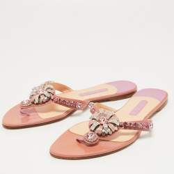 Pre Owned Gina Blush Pink Patent Crystal Embellished Flat Slides Size 41