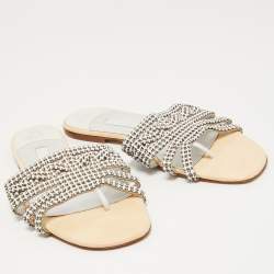 Gina Cream Leather Crystal Embellished Flat Slides Size 40.5