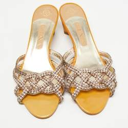 Pre Owned Gina Yellow Leather Crystal Embellished Slide Sandals Size 41