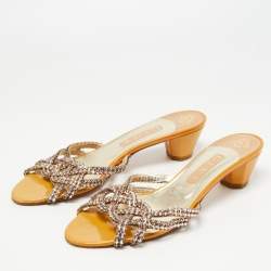 Pre Owned Gina Yellow Leather Crystal Embellished Slide Sandals Size 41