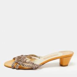Pre Owned Gina Yellow Leather Crystal Embellished Slide Sandals Size 41
