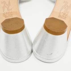 Pre Owned Gina Silver Leather Crystal Embellished Slide Sandals Size 41