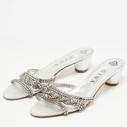 Pre Owned Gina Silver Leather Crystal Embellished Slide Sandals Size 41