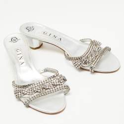 Pre Owned Gina Silver Leather Crystal Embellished Slide Sandals Size 41
