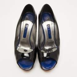 Pre Owned Gina Black Patent Leather Crystal Embellished Heel Peep Toe Platform Pumps Size 38.5