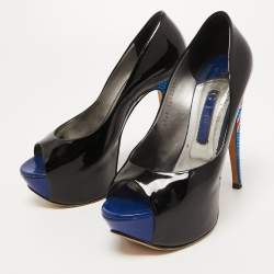 Pre Owned Gina Black Patent Leather Crystal Embellished Heel Peep Toe Platform Pumps Size 38.5