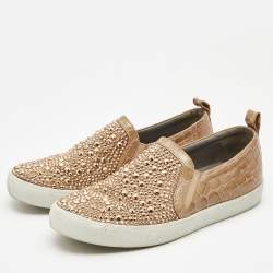 Pre Owned Gina Beige Croc Embossed Leather and Crystal Embellished  Slip On Sneakers Size 40