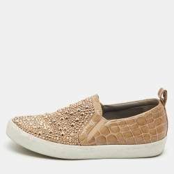Pre Owned Gina Beige Croc Embossed Leather and Crystal Embellished  Slip On Sneakers Size 40