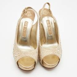 Pre Owned Gina Gold Crystal Embellished Satin Platform Slingback Sandals Size 39