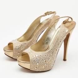 Pre Owned Gina Gold Crystal Embellished Satin Platform Slingback Sandals Size 39