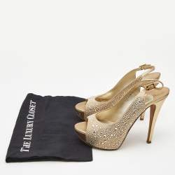 Pre Owned Gina Gold Crystal Embellished Satin Platform Slingback Sandals Size 39