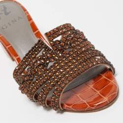 Pre Owned Gina Dark Orange Crystal Embellished Leather Block Heel Slide Sandals Size 36.5