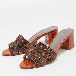 Pre Owned Gina Dark Orange Crystal Embellished Leather Block Heel Slide Sandals Size 36.5
