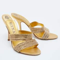 Pre Owned Gina Gold Crystal Embellished Leather Slide Sandals Size 40.5