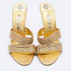 Pre Owned Gina Gold Crystal Embellished Leather Slide Sandals Size 40.5