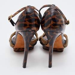 Pre Owned Gina Brown Leopard Print Patent Leather Crystal Embellished Ankle Strap Platform Sandals Size 37.5