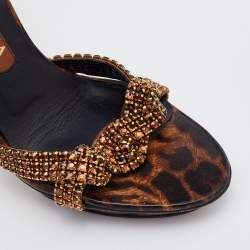 Pre Owned Gina Brown Leopard Print Patent Leather Crystal Embellished Ankle Strap Platform Sandals Size 37.5