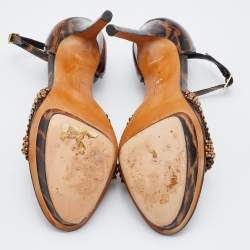 Pre Owned Gina Brown Leopard Print Patent Leather Crystal Embellished Ankle Strap Platform Sandals Size 37.5