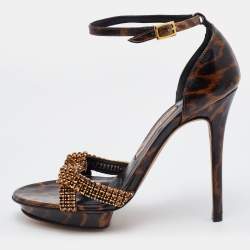 Pre Owned Gina Brown Leopard Print Patent Leather Crystal Embellished Ankle Strap Platform Sandals Size 37.5