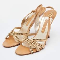مملوكة مسبقًا Gina Beige Leather Crystal Embellished Slingback Sandals Size 40