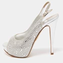 مملوكة مسبقًا Gina Silver Crystal Embellished Satin Open Toe Slingback Sandals Size 38
