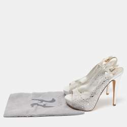 مملوكة مسبقًا Gina Silver Crystal Embellished Satin Open Toe Slingback Sandals Size 38