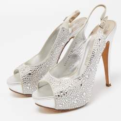 مملوكة مسبقًا Gina Silver Crystal Embellished Satin Open Toe Slingback Sandals Size 38