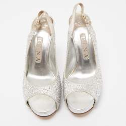 مملوكة مسبقًا Gina Silver Crystal Embellished Satin Open Toe Slingback Sandals Size 38