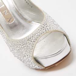 مملوكة مسبقًا Gina Silver Crystal Embellished Satin Open Toe Slingback Sandals Size 38