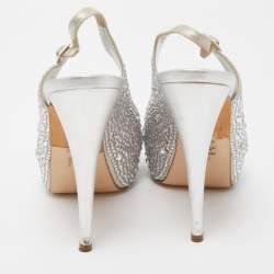 مملوكة مسبقًا Gina Silver Crystal Embellished Satin Open Toe Slingback Sandals Size 38