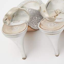 م ملوكة مسبقًا Gina Silver Crystal Embellished Satin Open Toe Slingback Sandals Size 38