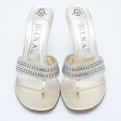 Gina Gold Leather Crystal Embellished Slide Sandals Size 41