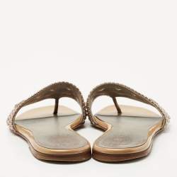 Pre Owned Gina Beige Leather and Crystal Embellished Thong Flats Size 37.5