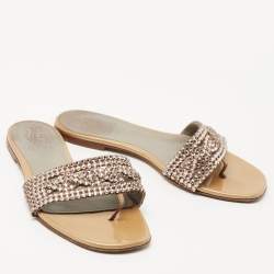 Pre Owned Gina Beige Leather and Crystal Embellished Thong Flats Size 37.5