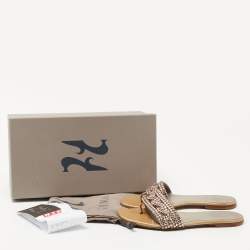 Pre Owned Gina Beige Leather and Crystal Embellished Thong Flats Size 37.5