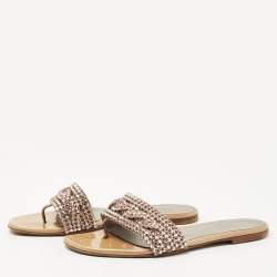 Pre Owned Gina Beige Leather and Crystal Embellished Thong Flats Size 37.5